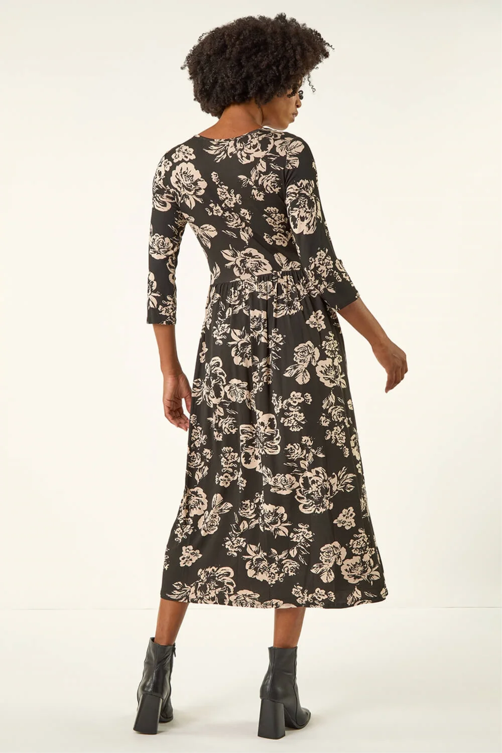 Roman Black Floral Pocket Stretch Midi Dress - 6 Image 3