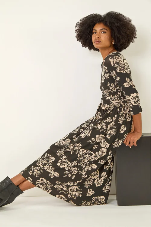 Roman Black Floral Pocket Stretch Midi Dress - 6 Image 1