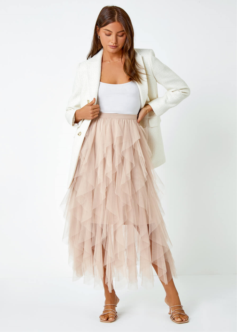 Roman Natural Elastic Waist Mesh Layered A Line Skirt - Size 10 Image 4
