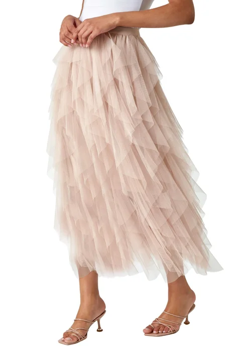 Roman Natural Elastic Waist Mesh Layered A Line Skirt - Size 10 Image 1