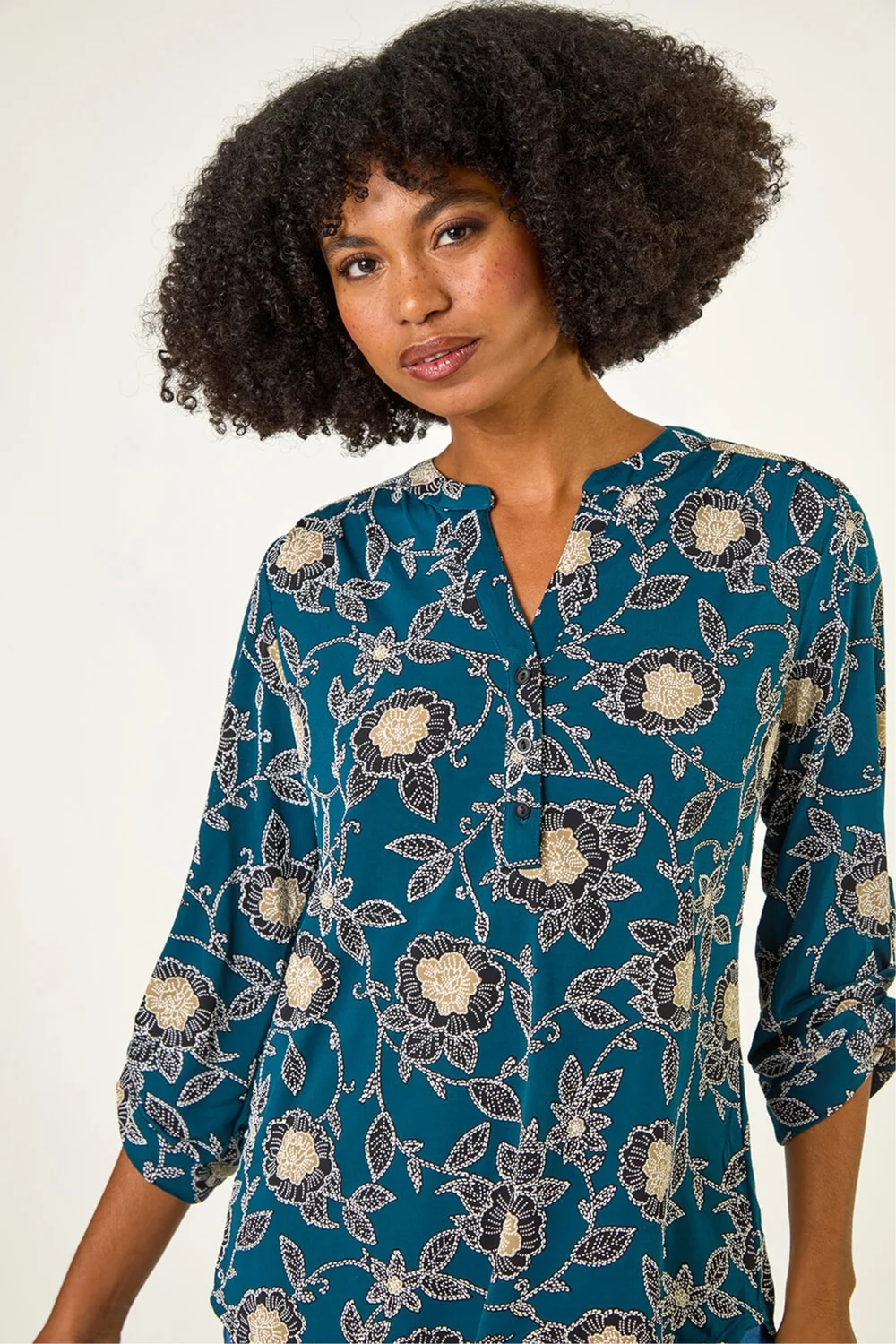 Roman Green Textured Floral Print Notch Neck Top - 20 Image 4