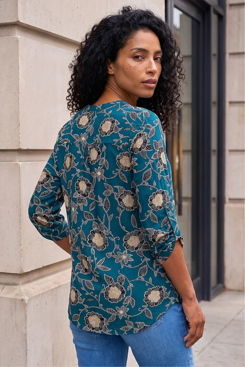 Roman Green Textured Floral Print Notch Neck Top - 20 Image 2