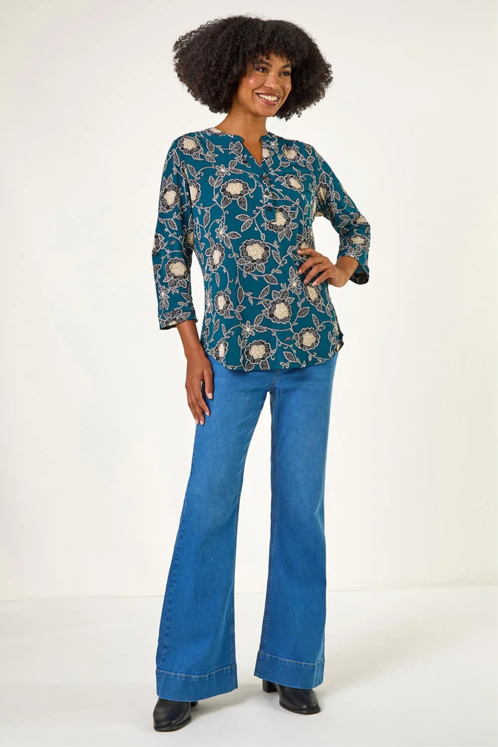 Roman Green Textured Floral Print Notch Neck Top - 20 Image 2