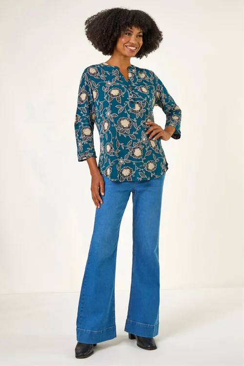 Roman Green Textured Floral Print Notch Neck Top - 20 Image 2