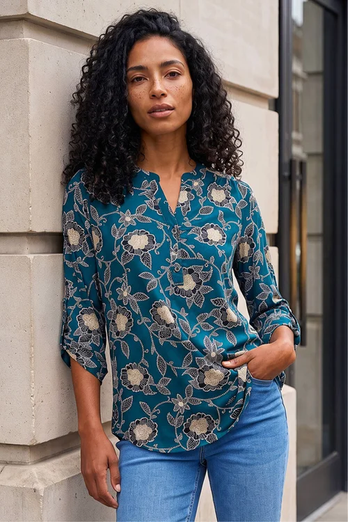 Roman Green Textured Floral Print Notch Neck Top - 20 Image 3