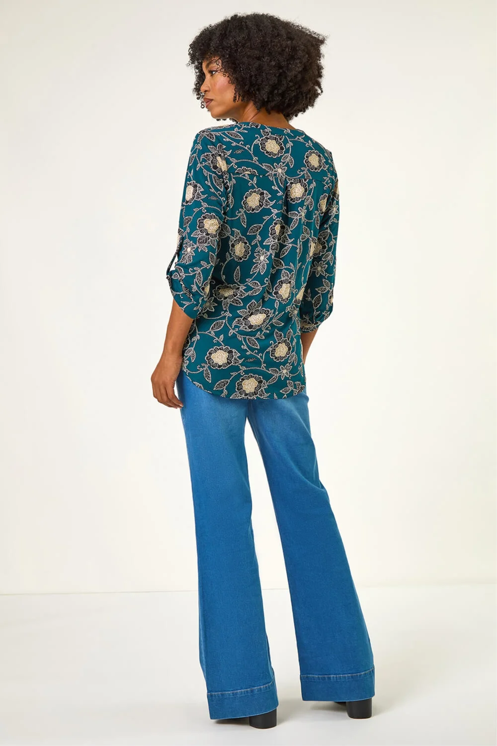 Roman Green Textured Floral Print Notch Neck Top - 20 Image 3