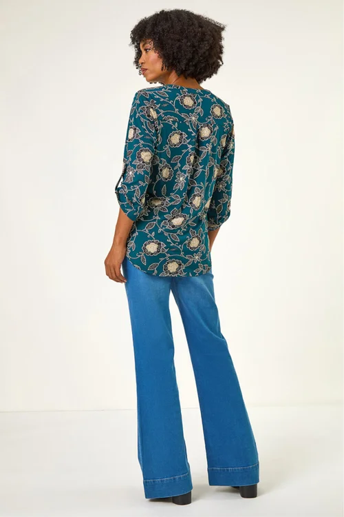 Roman Green Textured Floral Print Notch Neck Top - 20 Image 3