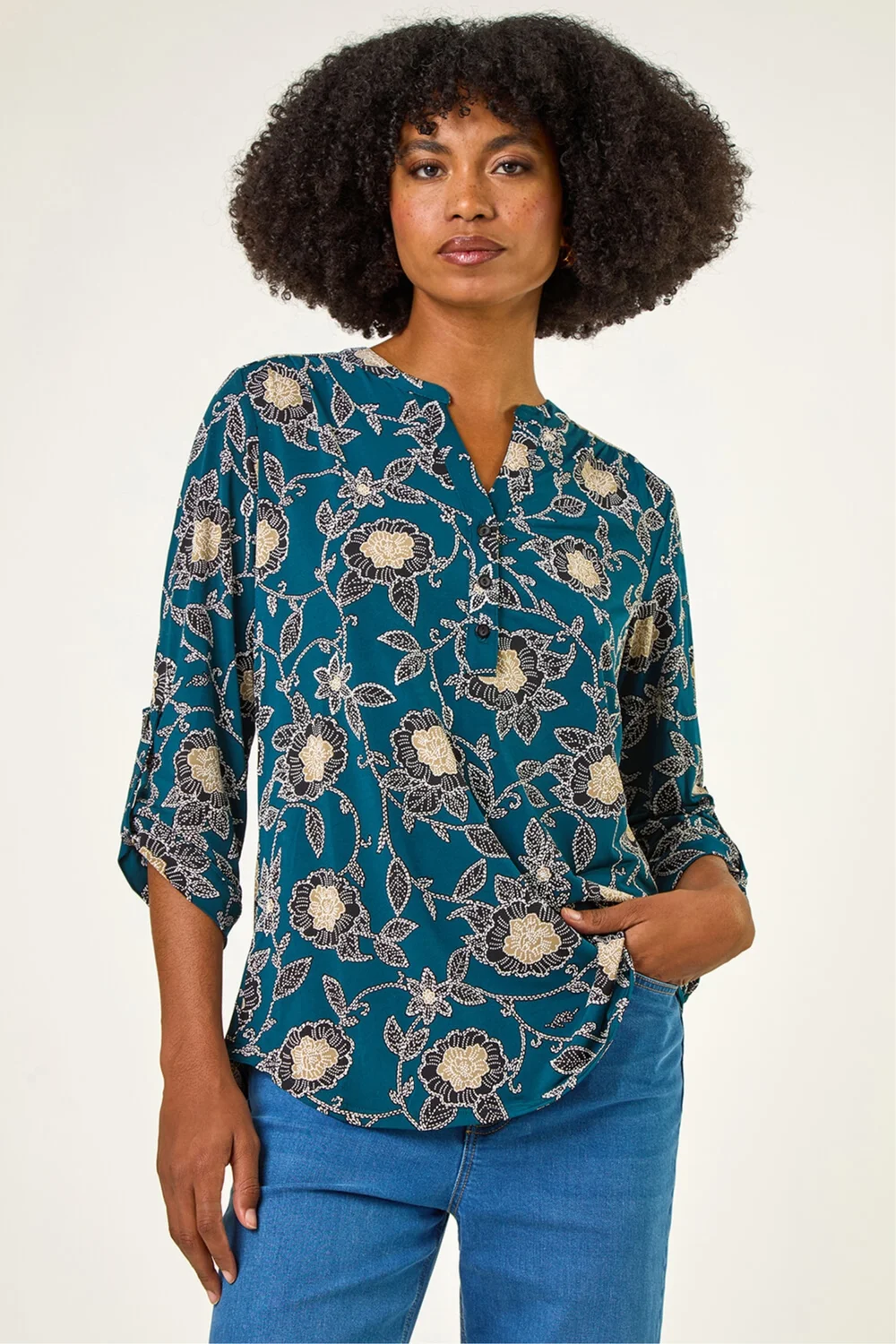 Roman Green Textured Floral Print Notch Neck Top - 20 Image 1