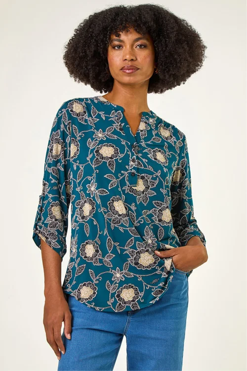 Roman Green Textured Floral Print Notch Neck Top - 20 Image 1