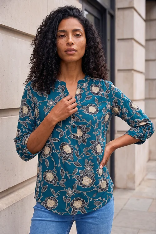 Roman Green Textured Floral Print Notch Neck Top - 20 Image 1