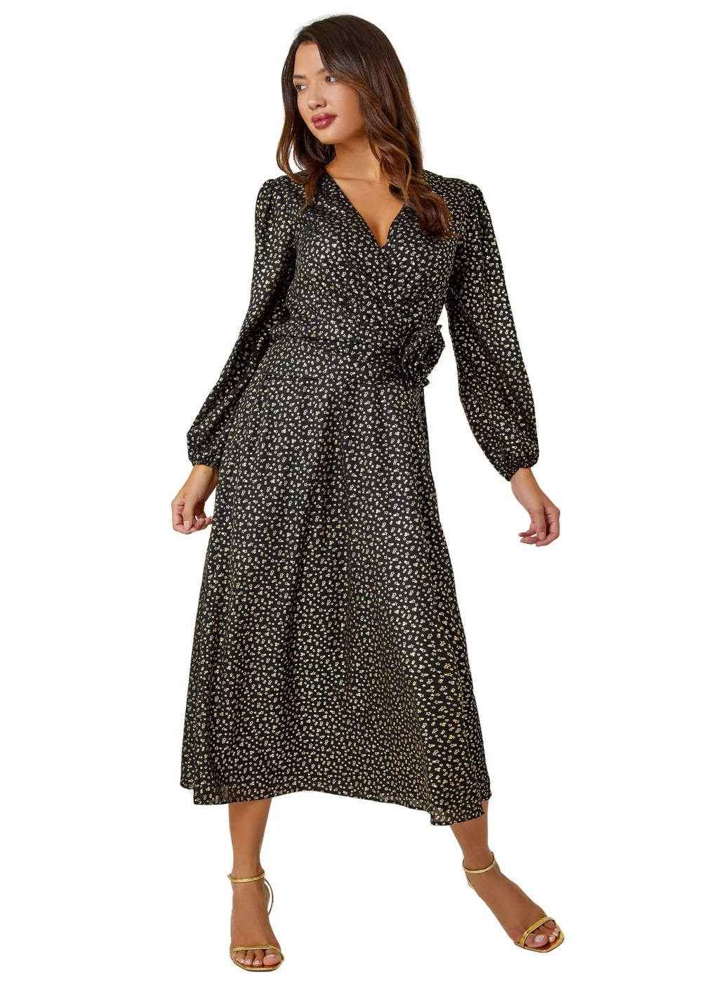 Roman Black Metallic Star Print Corsage Midi Wrap Dress - 16 Image 1