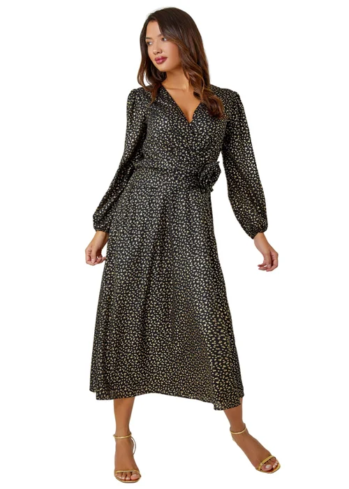 Roman Black Metallic Star Print Corsage Midi Wrap Dress - 16 Image 1