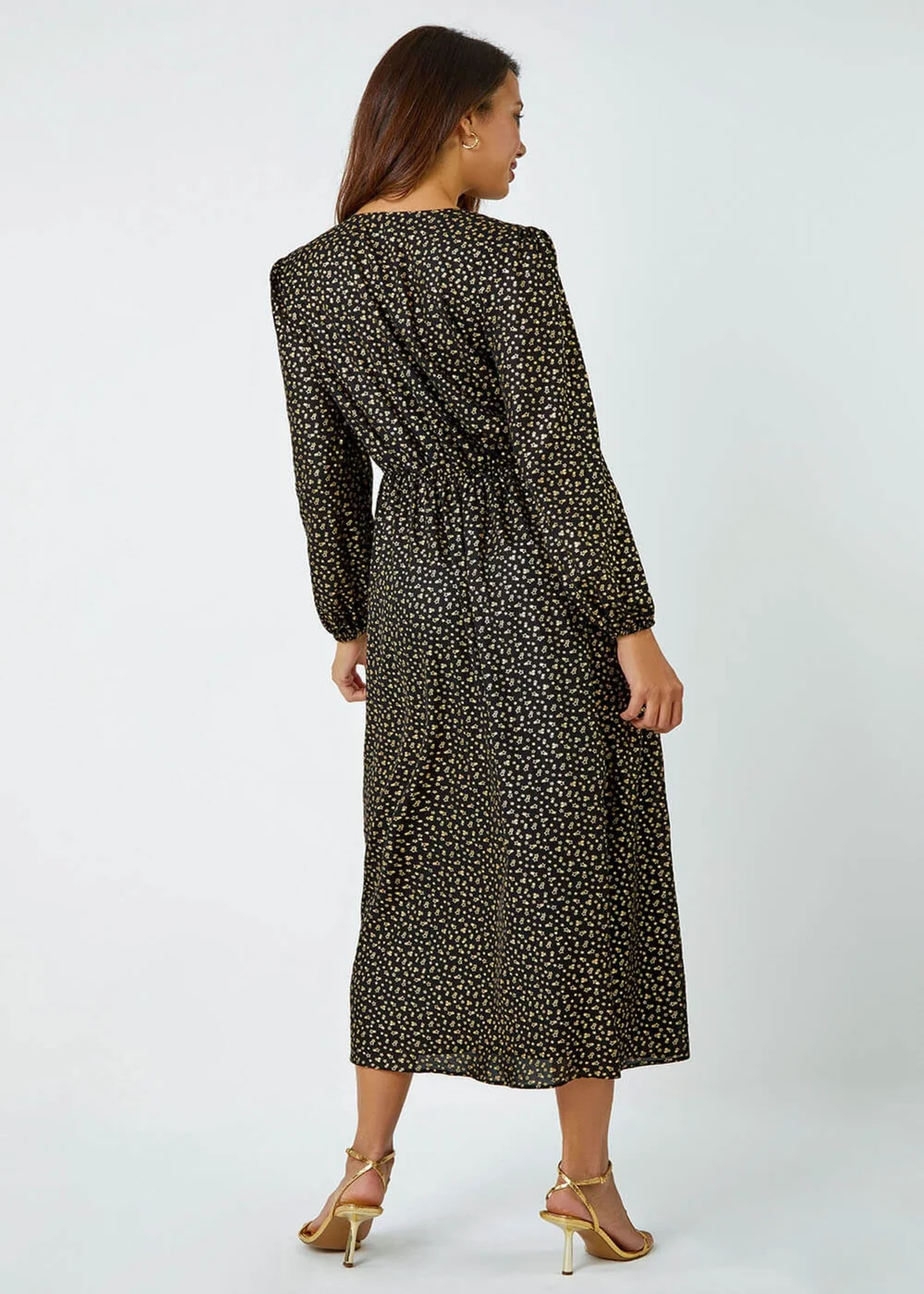 Roman Black Metallic Star Print Corsage Midi Wrap Dress - 16 Image 3