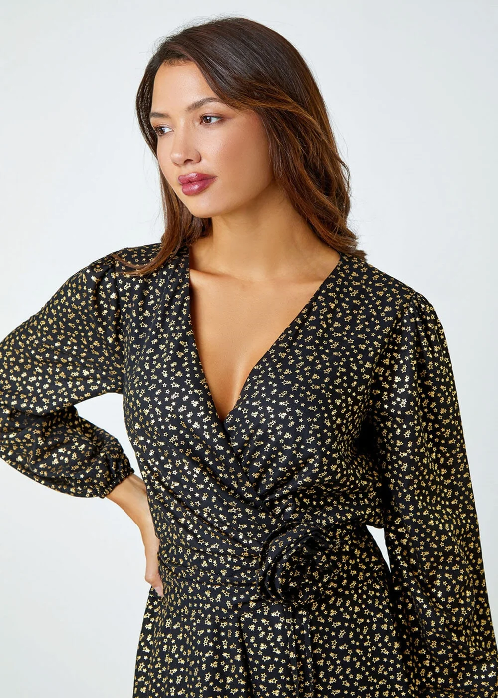 Roman Black Metallic Star Print Corsage Midi Wrap Dress - 16 Image 4