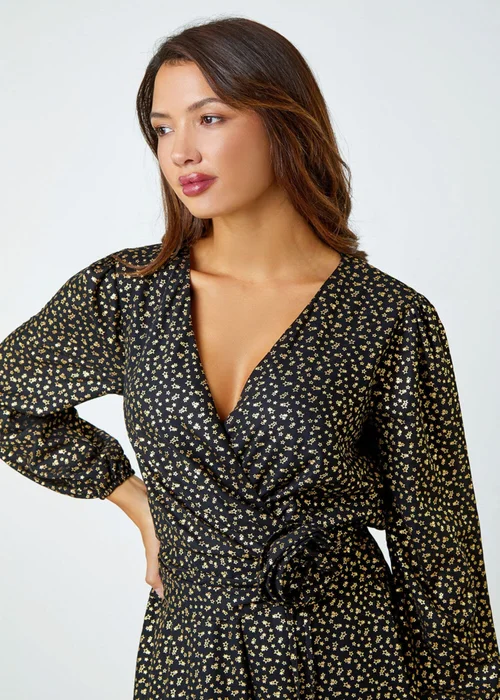 Roman Black Metallic Star Print Corsage Midi Wrap Dress - 16 Image 4