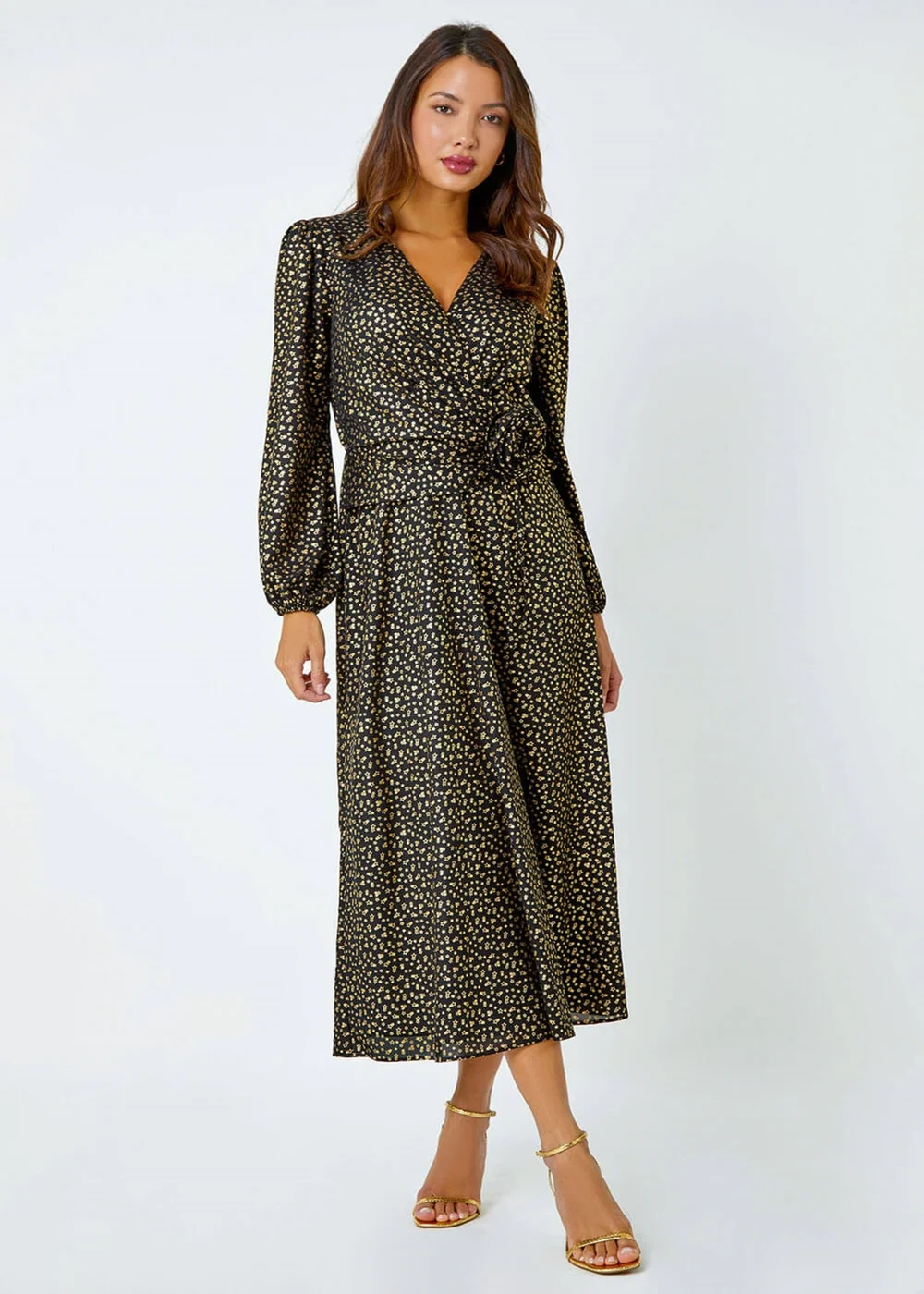 Roman Black Metallic Star Print Corsage Midi Wrap Dress - 16 Image 2