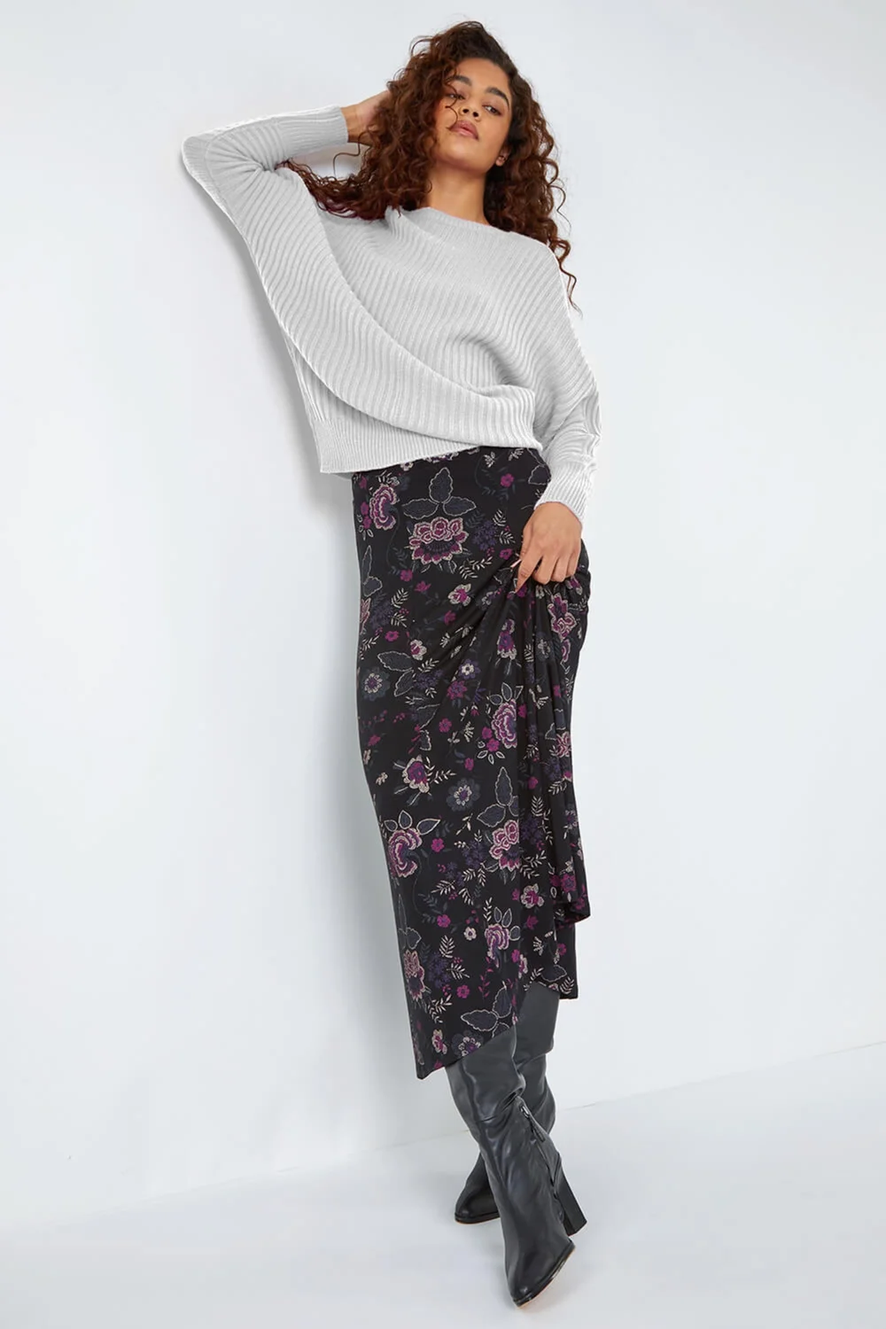 Roman Black Floral Print Midi Elastic Waist Stretch Skirt - Size 6 Image 3