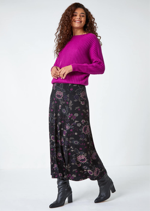 Roman Black Floral Print Midi Elastic Waist Stretch Skirt - Size 6 Image 4