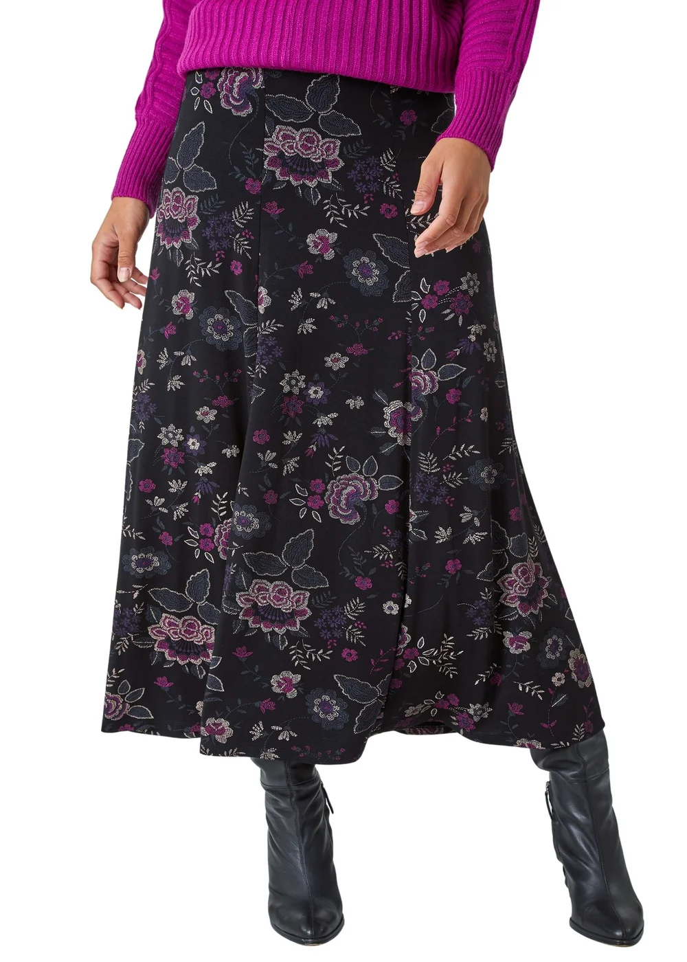 Roman Black Floral Print Midi Elastic Waist Stretch Skirt - Size 6 Image 1