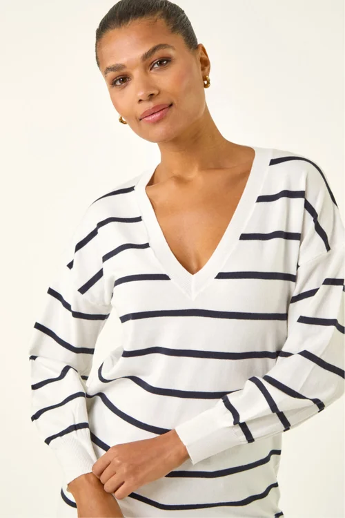 Roman Ivory Stripe Print Knitted V-Neck Longline Jumper - 22 Image 4
