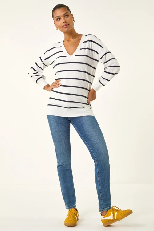 Roman Ivory Stripe Print Knitted V-Neck Longline Jumper - 22 Image 2