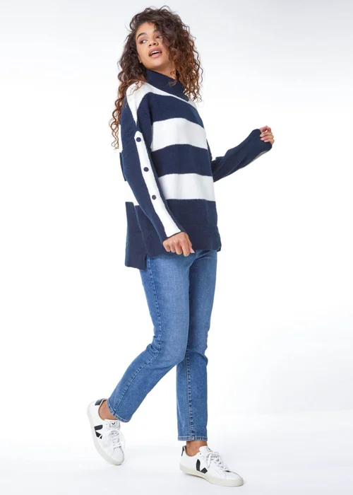 Roman Midnight Blue High Neck Striped Jumper - 6 Image 4