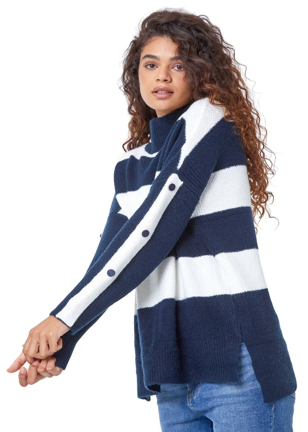Roman Midnight Blue High Neck Striped Jumper - 6 Image 1