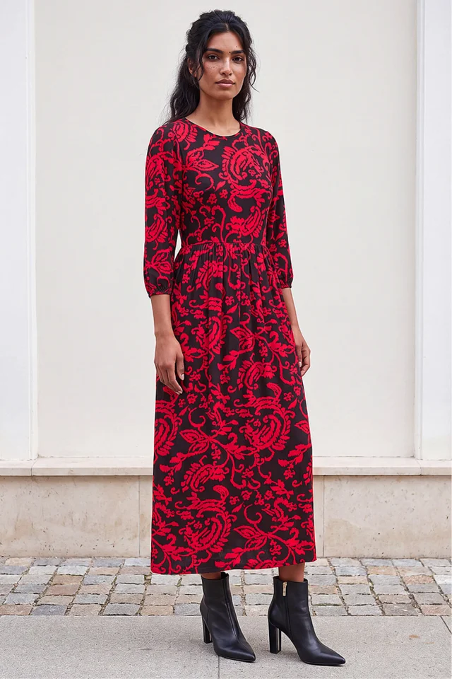 Roman Red Paisley Print Pocket Midi Stretch Dress