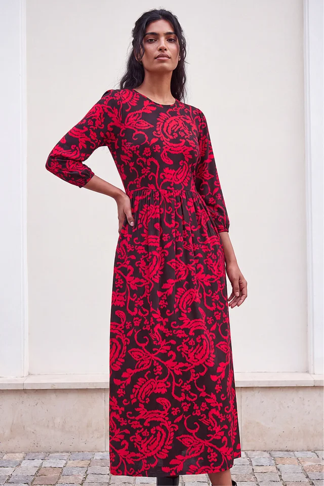 Roman Red Paisley Print Pocket Midi Stretch Dress