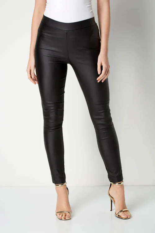 Roman Black Faux Leather Pull On Elastic Waist Trousers - 12 Image 3