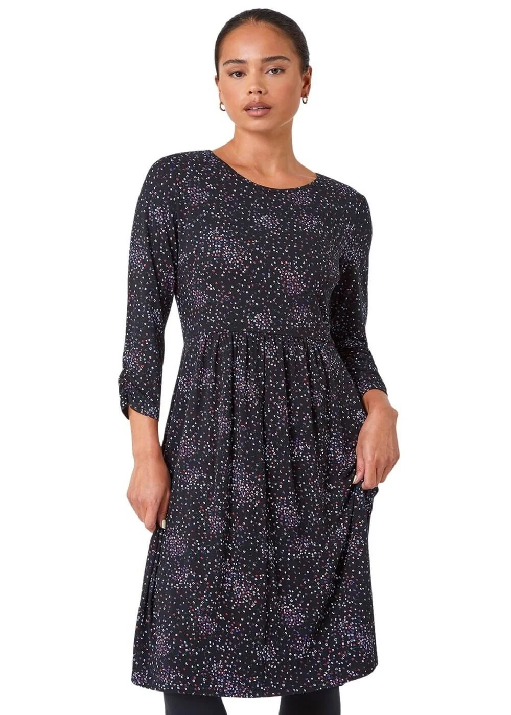 Roman Petite Black Ditsy Floral Stretch Dress - 8 Image 1