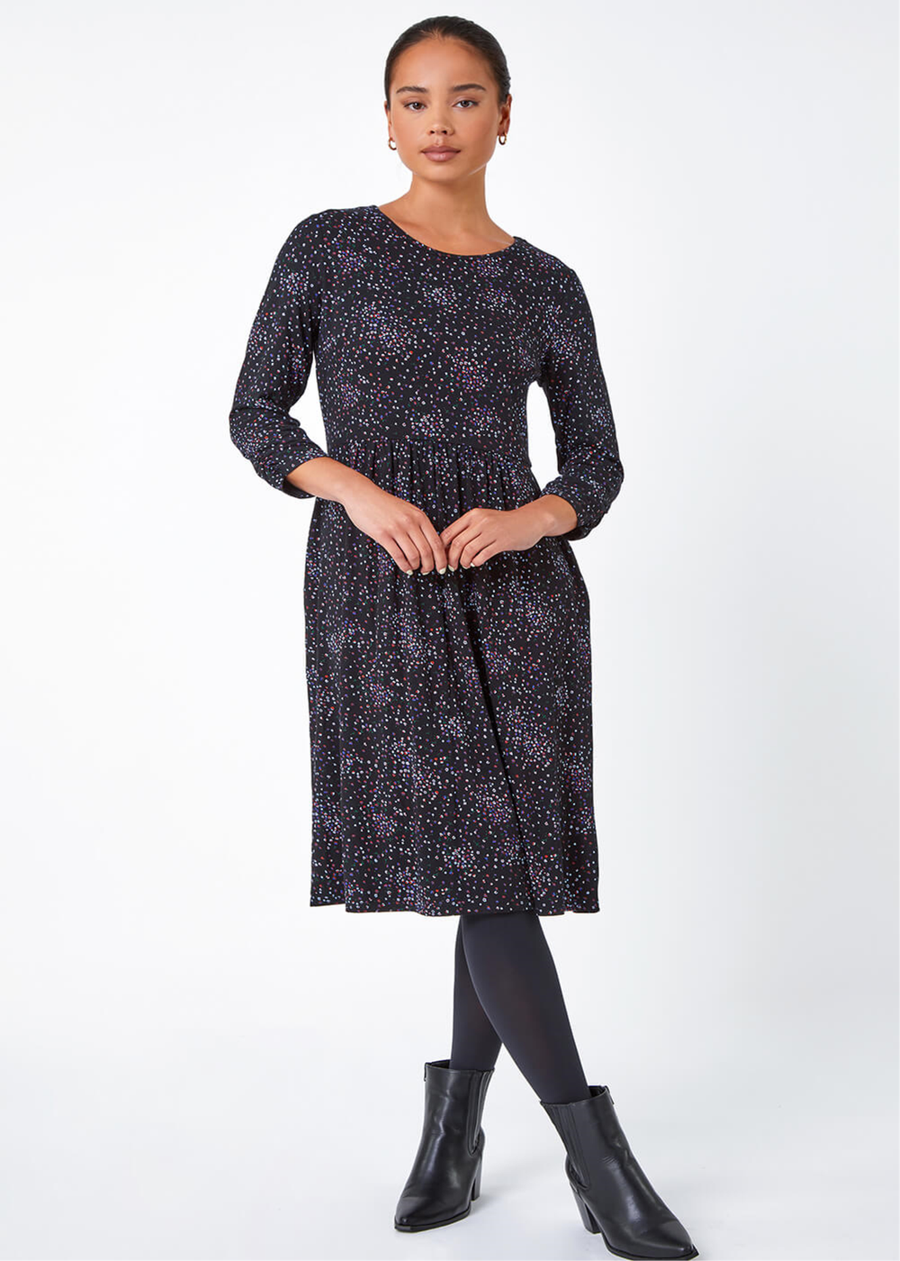 Roman Petite Black Ditsy Floral Stretch Dress - 8 Image 2