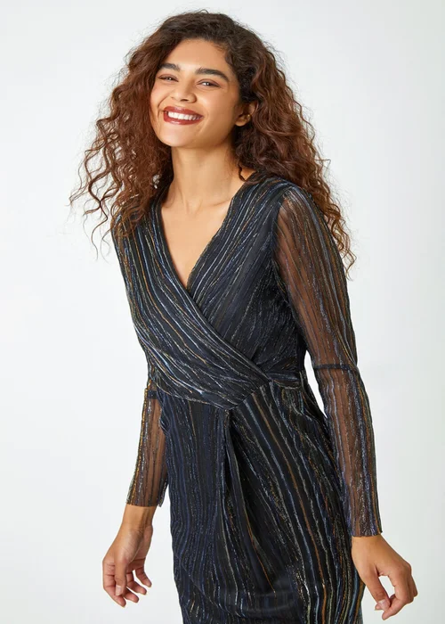 Roman Black Shimmer Stripe Print Midi Wrap Dress - 16 Image 4