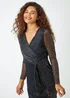 Roman Black Shimmer Stripe Print Midi Wrap Dress - 16 Image 4