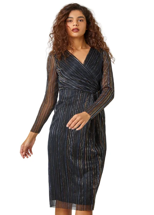 Roman Black Shimmer Stripe Print Midi Wrap Dress - 16 Image 1