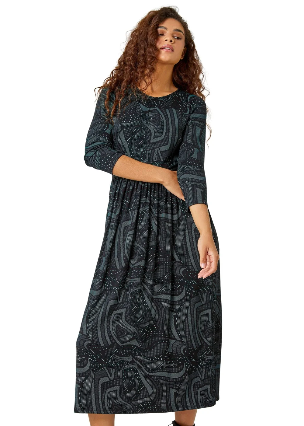 Roman Green Abstract Print Pocket Midi Stretch Dress - 10 Image 1