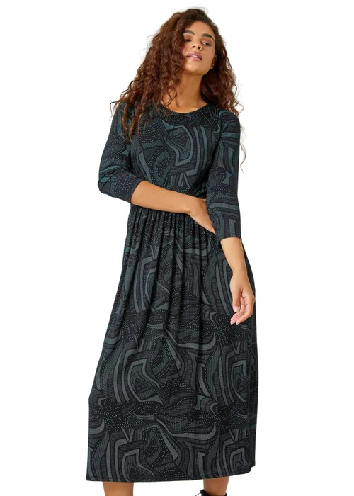 Roman Green Abstract Print Pocket Midi Stretch Dress - 10 Image 1