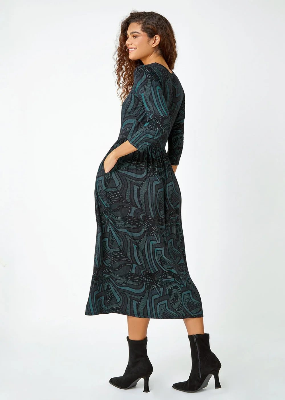 Roman Green Abstract Print Pocket Midi Stretch Dress - 10 Image 3