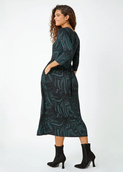 Roman Green Abstract Print Pocket Midi Stretch Dress - 10 Image 3