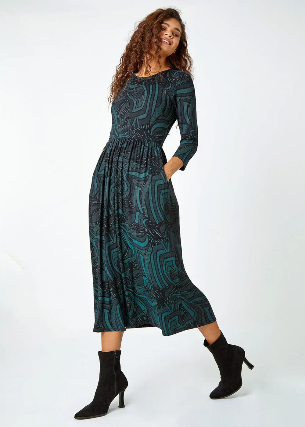 Roman Green Abstract Print Pocket Midi Stretch Dress - 10 Image 2