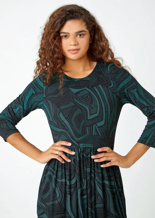 Roman Green Abstract Print Pocket Midi Stretch Dress - 10 Image 4