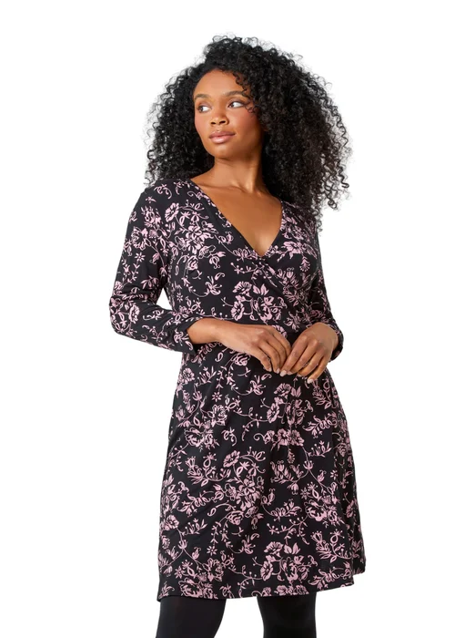Roman Petite Black Floral Mock Wrap Stretch Dress - 8 Image 1