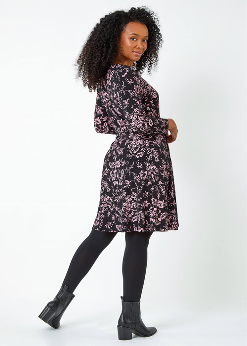 Roman Petite Black Floral Mock Wrap Stretch Dress - 8 Image 4