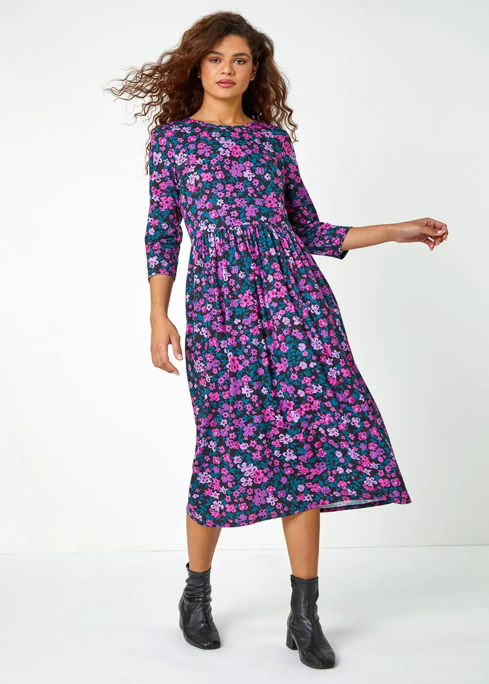 Roman Purple Floral Print Midi Stretch Dress - 12 Image 2