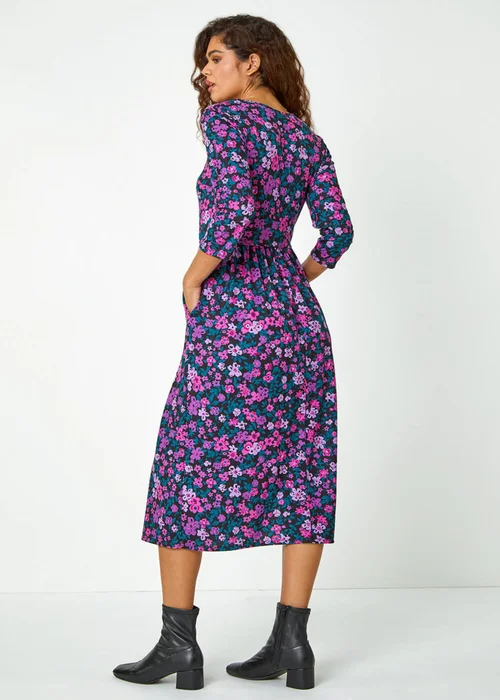 Roman Purple Floral Print Midi Stretch Dress - 12 Image 3