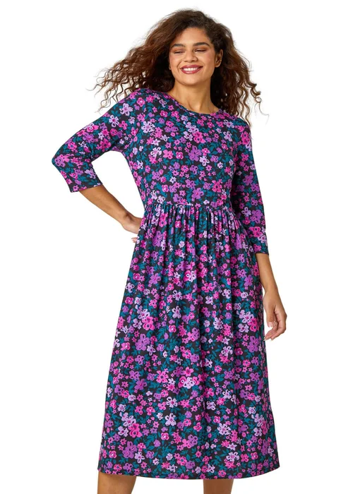 Roman Purple Floral Print Midi Stretch Dress - 12 Image 1