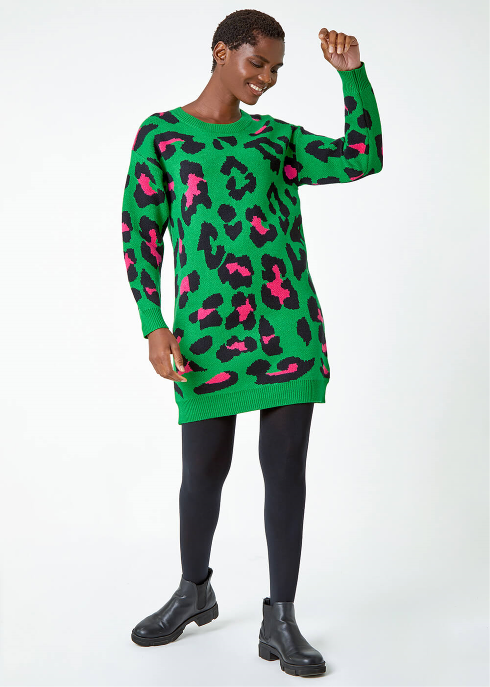 Roman Green Leopard Print Knitted Jumper Dress - 22 Image 2