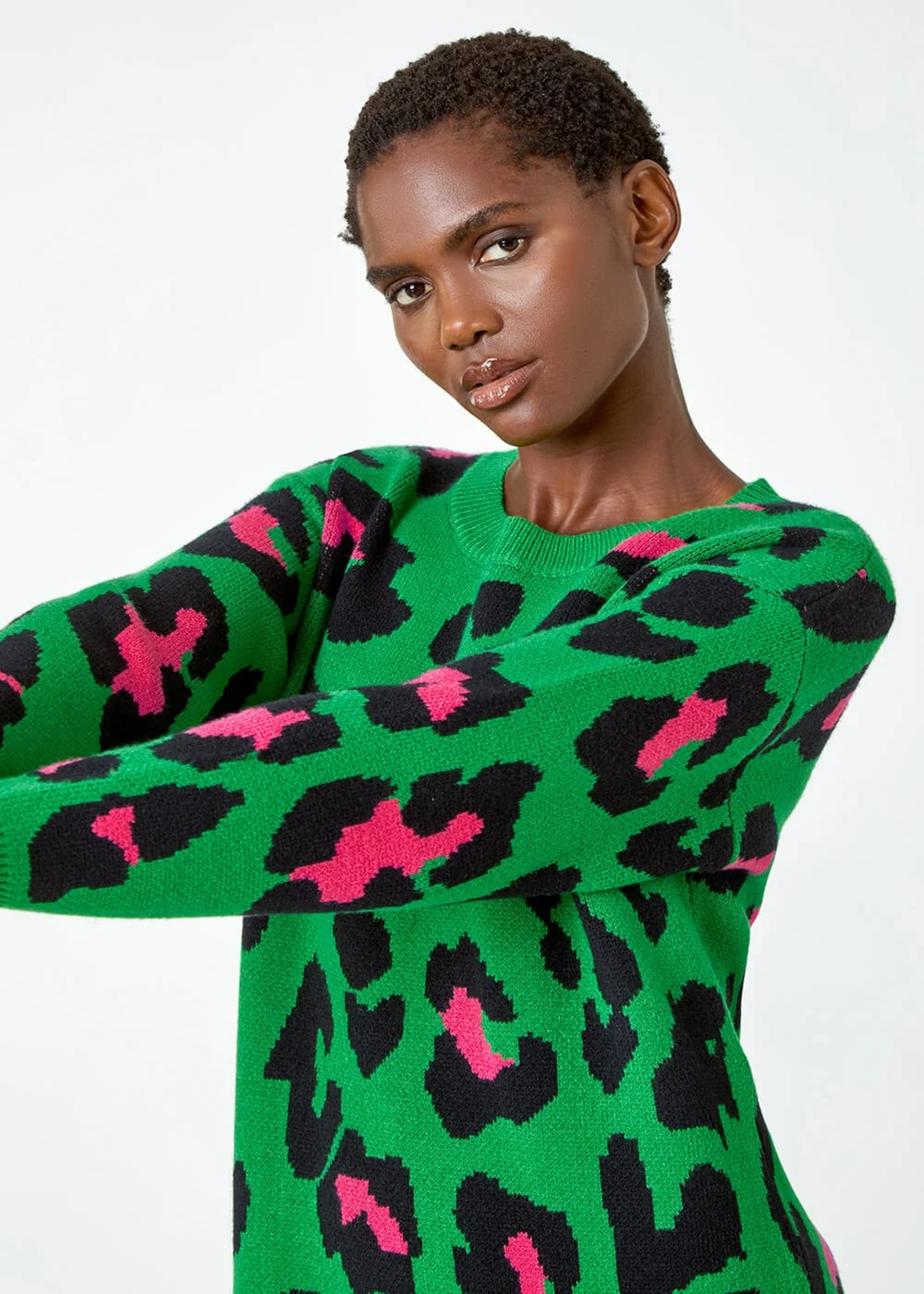 Roman Green Leopard Print Knitted Jumper Dress - 22 Image 4