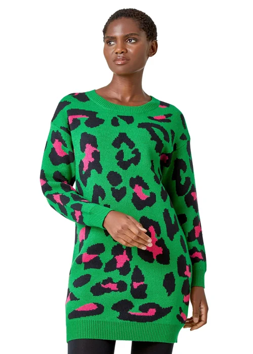 Roman Green Leopard Print Knitted Jumper Dress - 22 Image 1