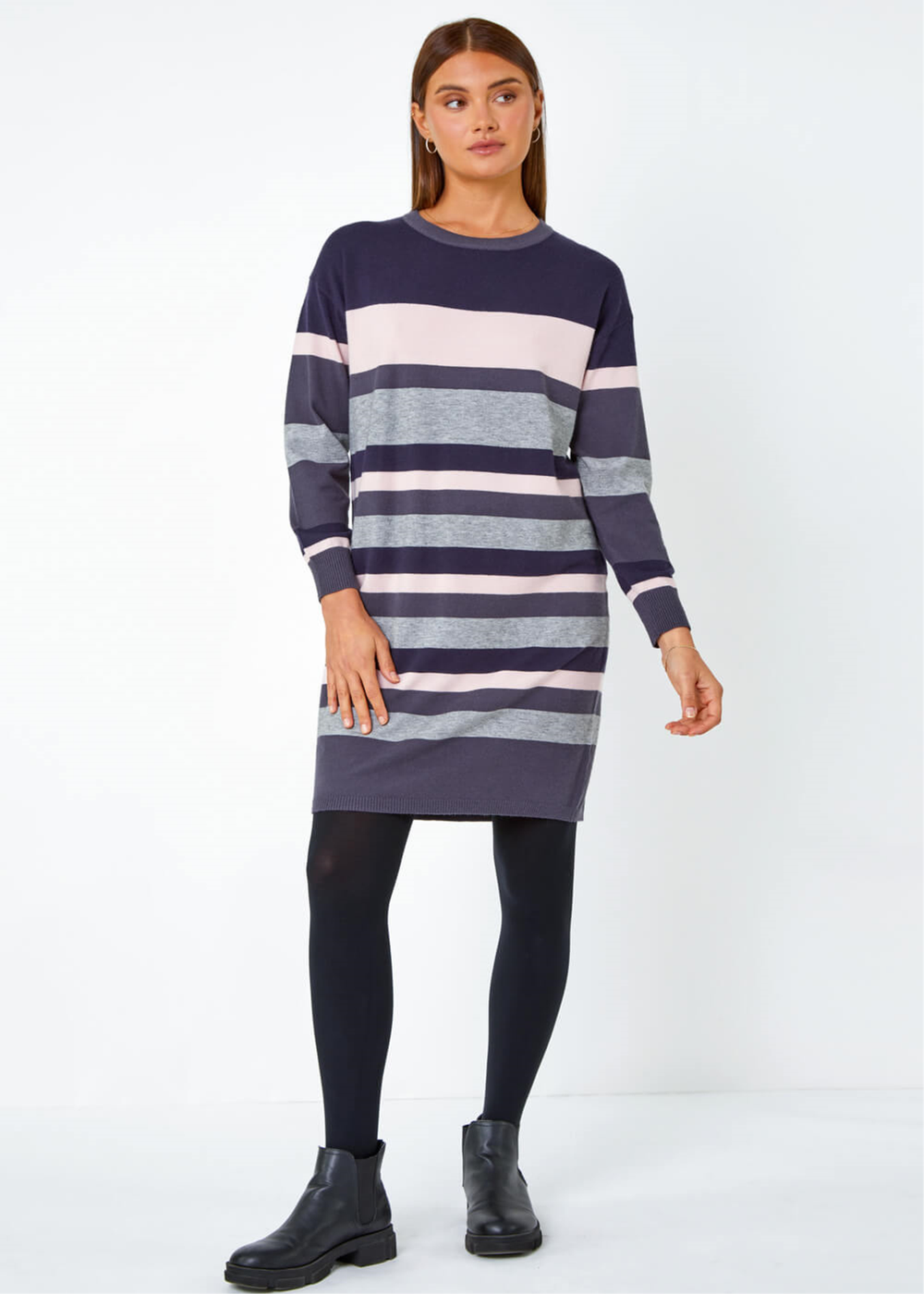 Roman Navy Stripe Print Knitted Jumper Dress - Size 22 Image 2